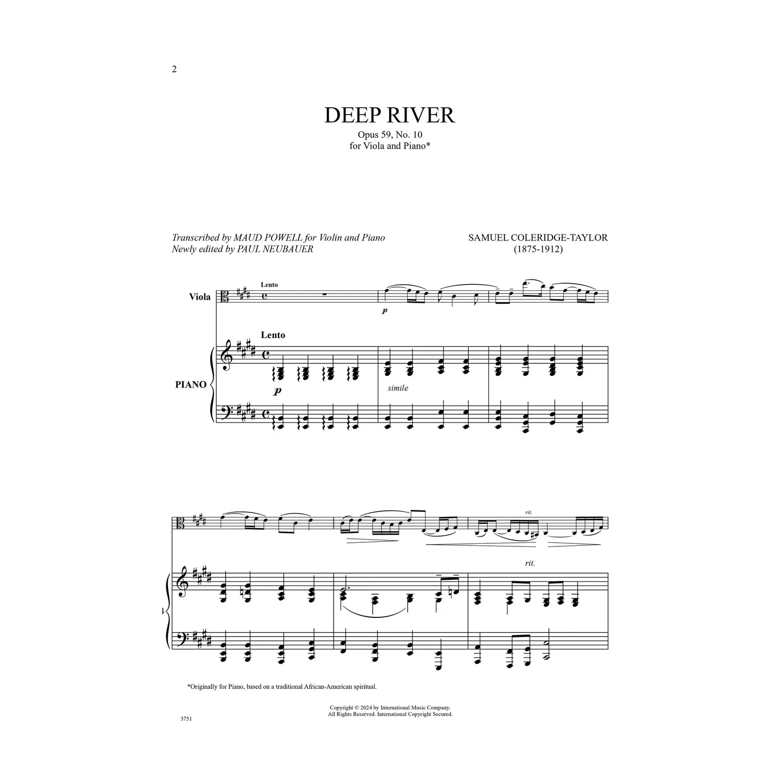 International Coleridge-Taylor Deep River Op. 59/10 Noten Viola Klavier