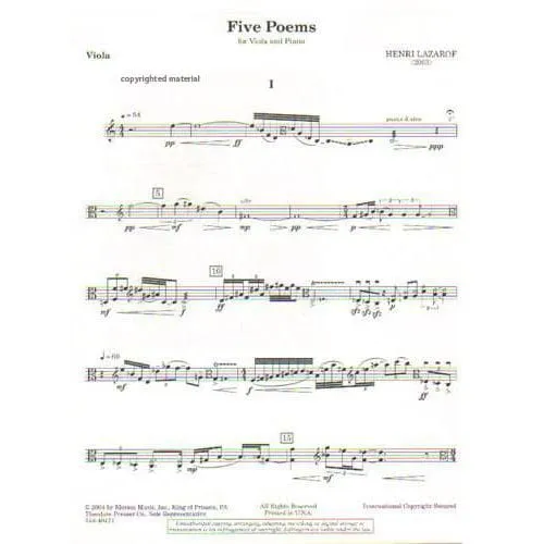 Merion Lazarof Five Poems Bratschennoten Viola Klavier