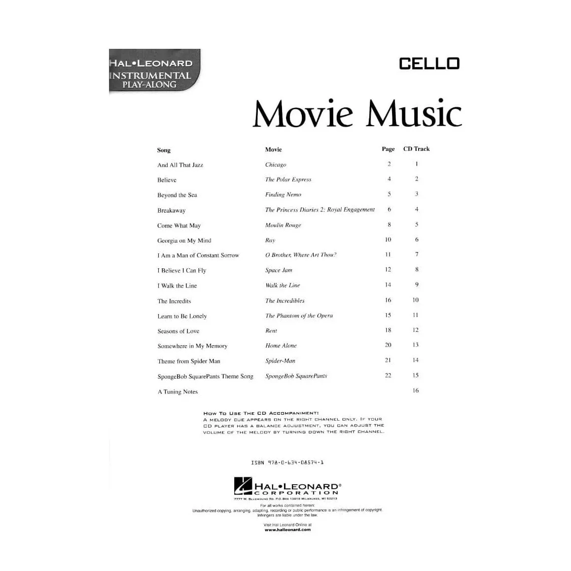Shar Music Movie Music Cello Noten mit CD 15 Filmsongs