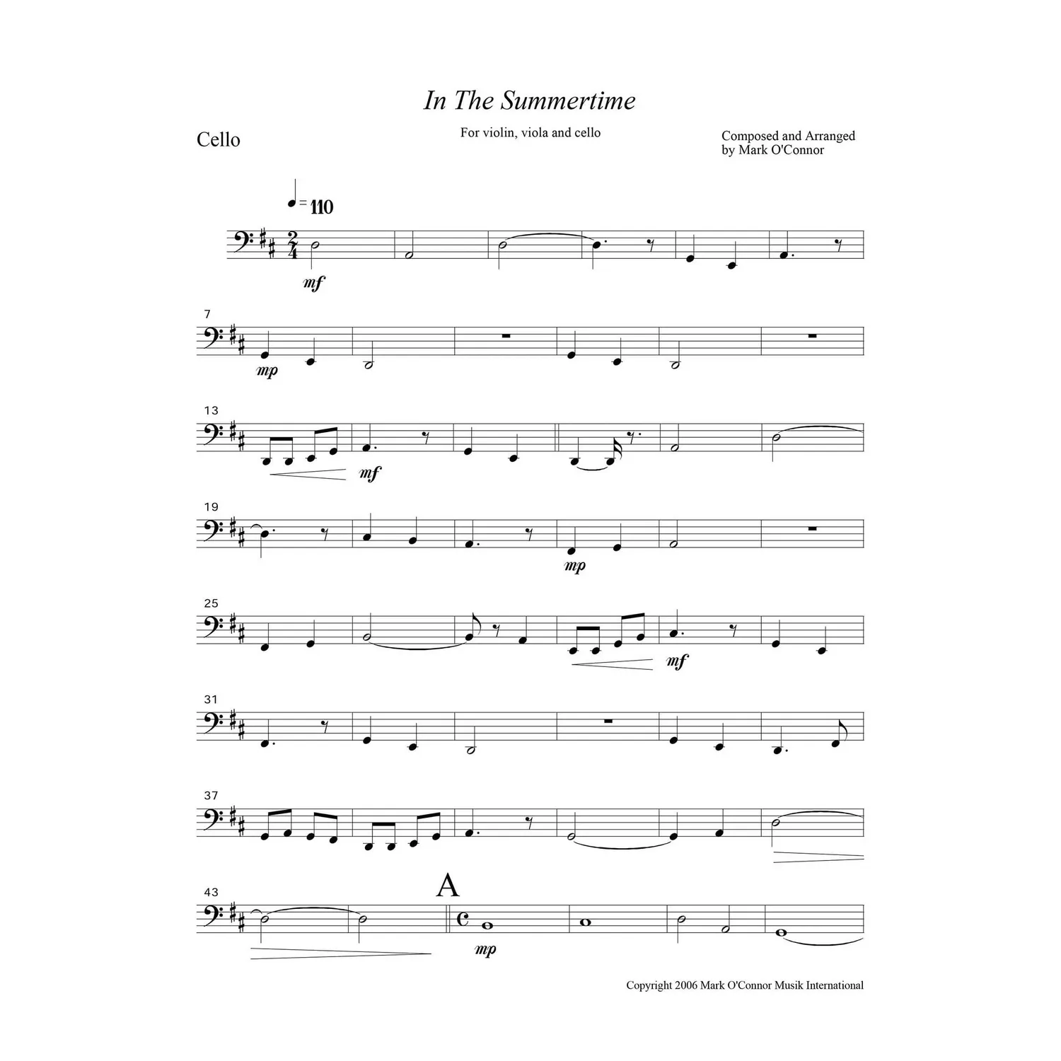 O'Connor In the Summertime Noten Cello Download Ensemble