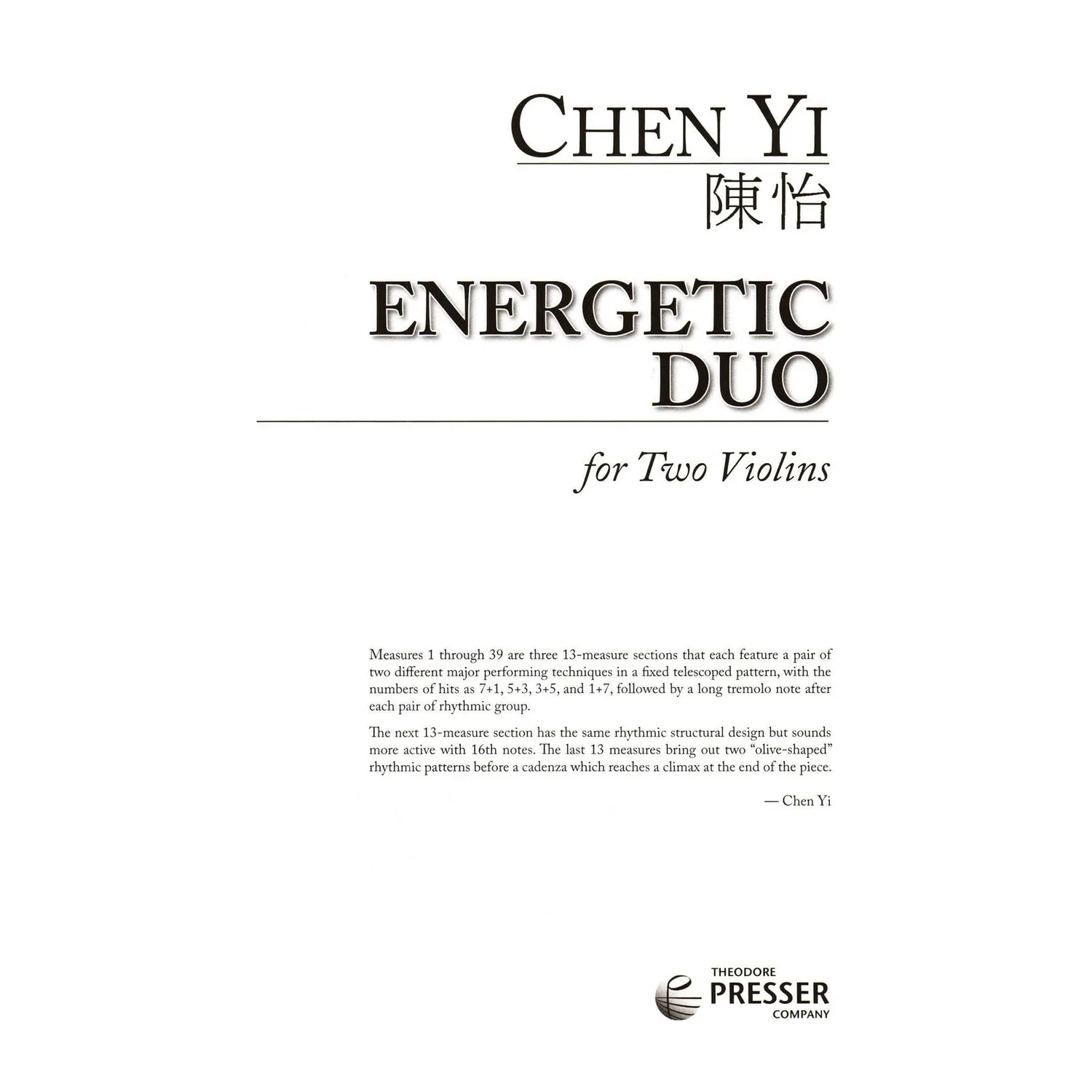 Chen Yi Energetic Duo Duo Violinen Noten Presser
