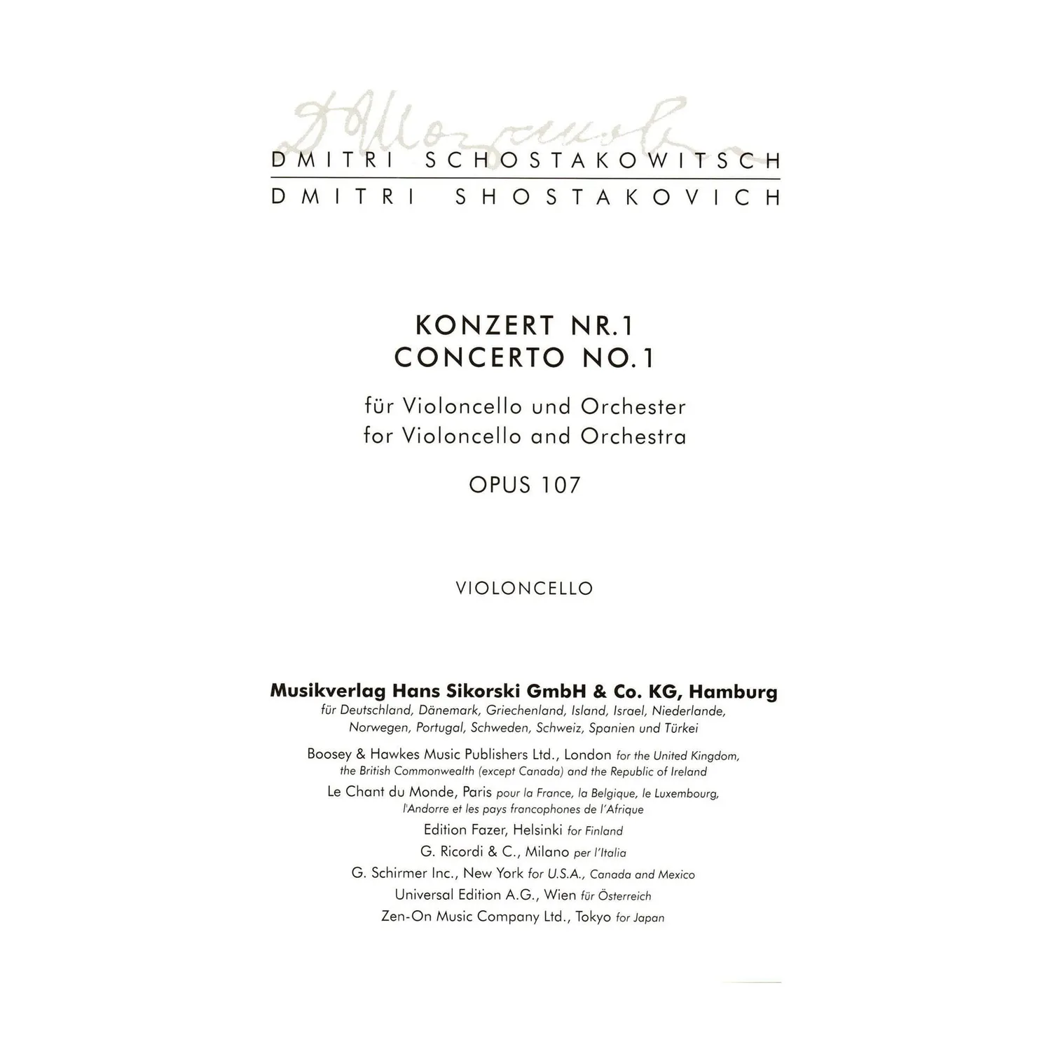 Sikorski Schostakowitsch Konzert 1 Es-Dur Noten Cello Klavier