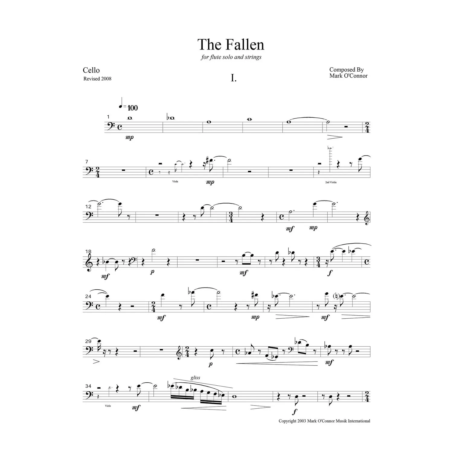 O'Connor The Fallen Noten Celli Flöte Streicher Download