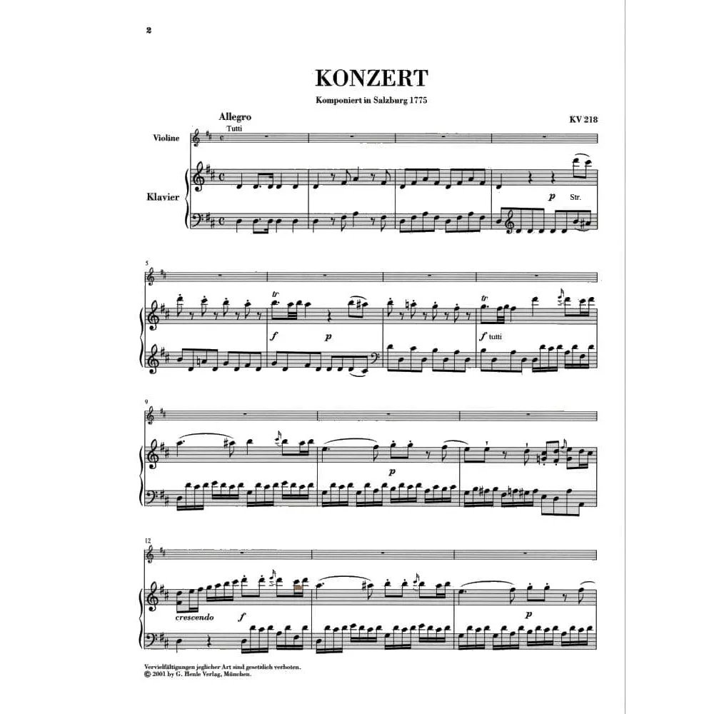 Henle Mozart Violinkonzert Nr. 4 D-Dur KV 218 Urtext Noten