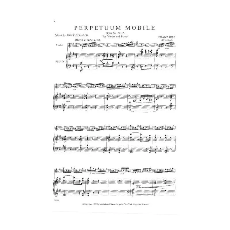 Ries Perpetuum Mobile Op 34 Nr 5 Violine-Klavier Noten Gingold