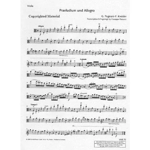 Schott Kreisler Praeludium und Allegro Viola Klaviernoten