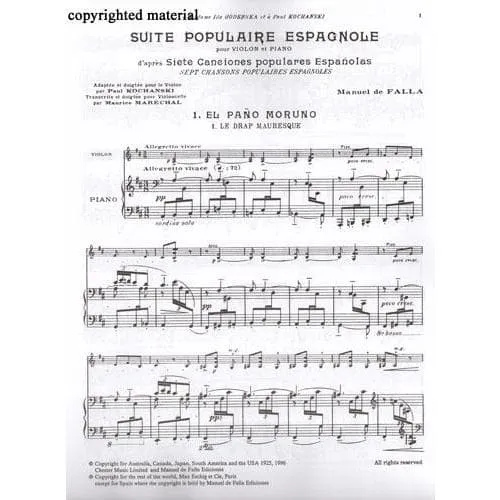 Chester Music Falla Suite Populaire Espagnole Noten Violine Klavier 6 Sätze