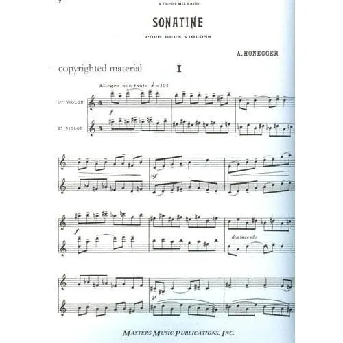 Honegger Sonatine Noten für zwei Violinen Masters Music