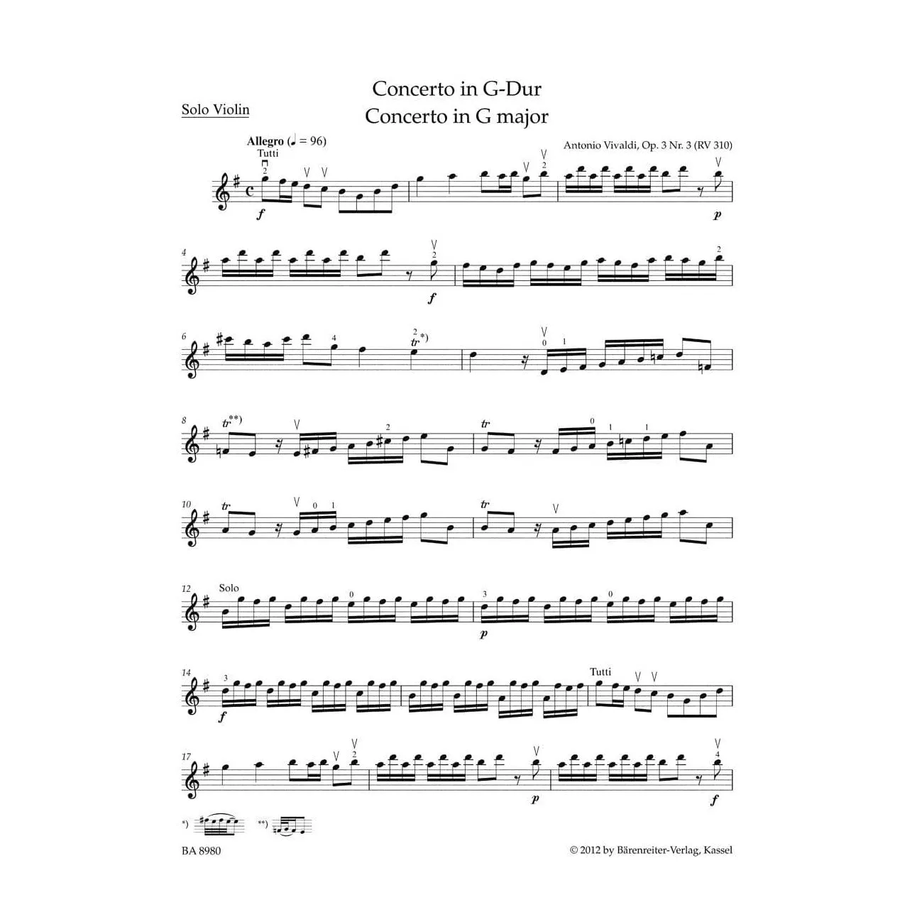 Bärenreiter Vivaldi Konzert G-Dur op. 3/3 Noten Violine