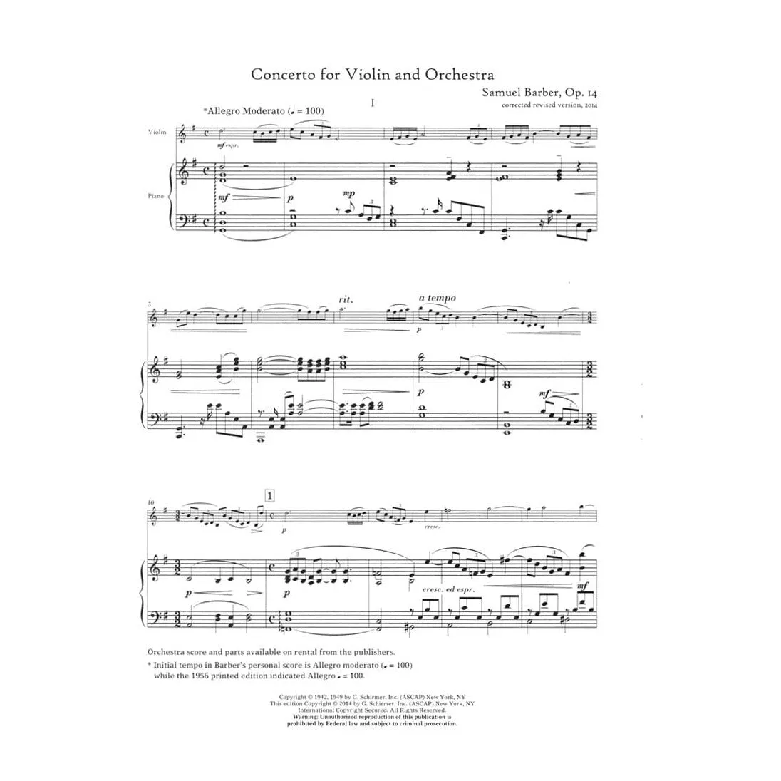 Schirmer Barber op. 14 Violinkonzert Noten Klavier