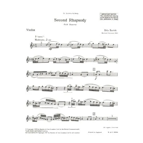 Shar Music Bartók Second Rhapsody Sz96a Geigennoten Violine Klavier