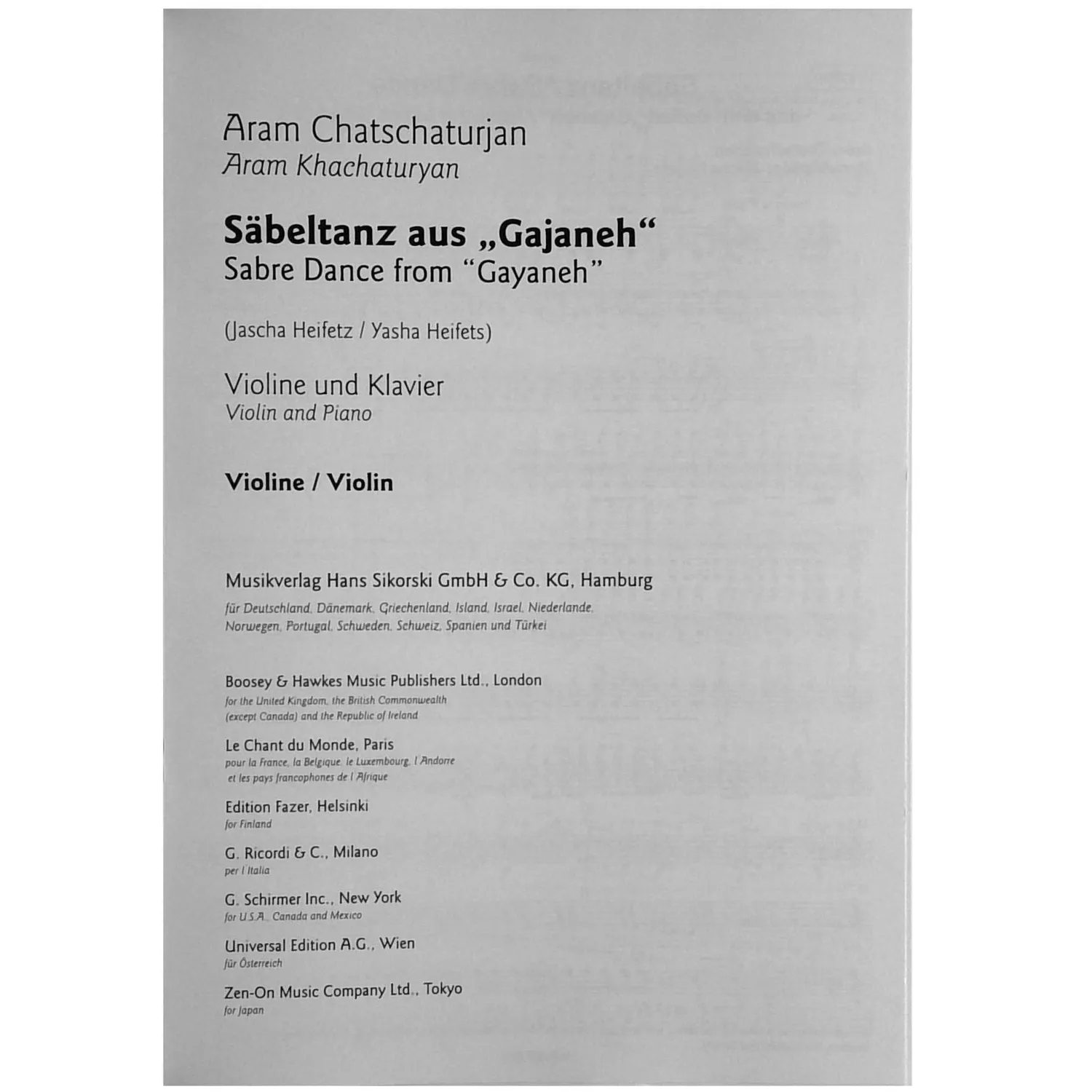 Sikorski Khachaturian Säbeltanz Violine Klaviernoten Heifetz