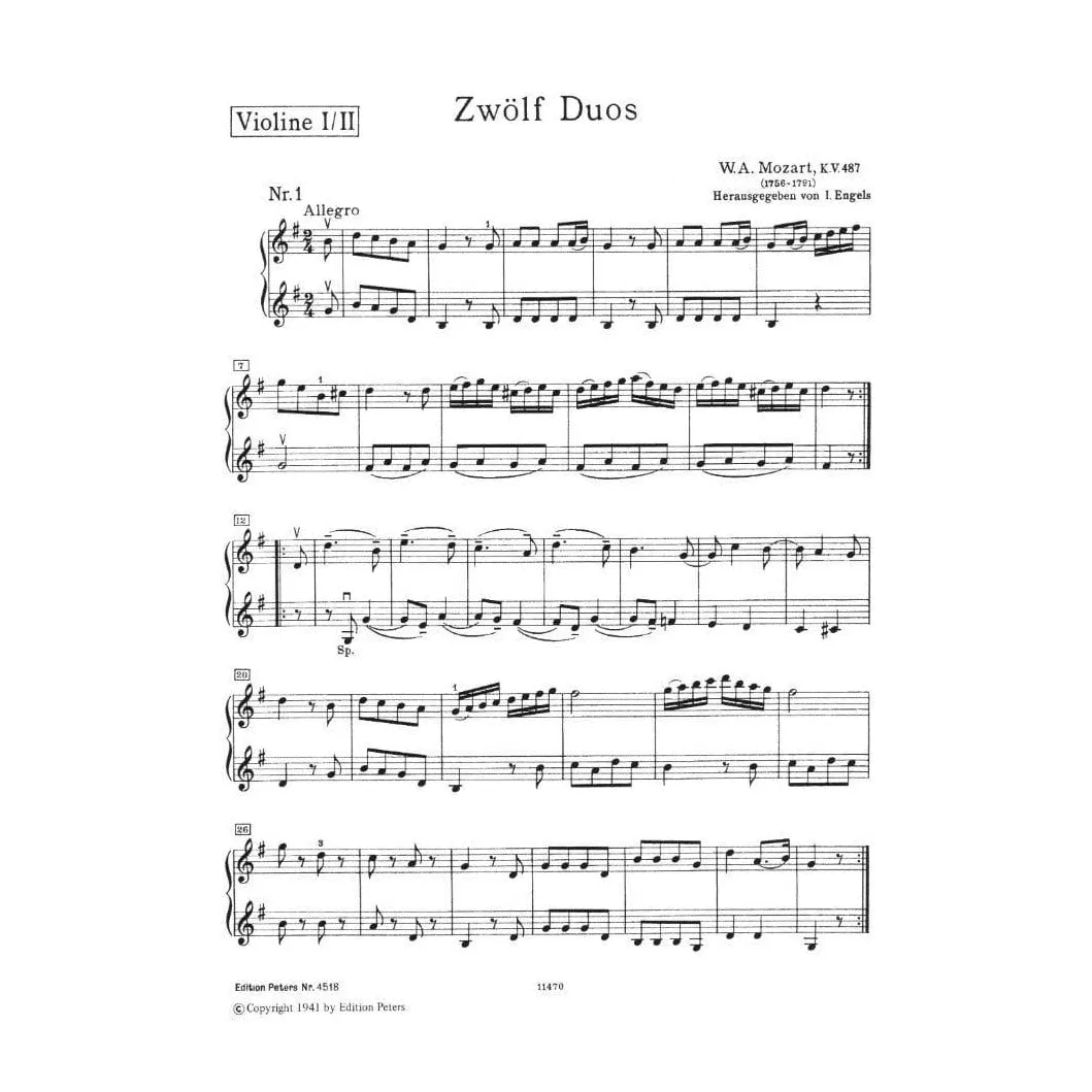 Edition Peters Mozart 12 Easy Duets K 487 Violinduo Noten 2 Violinen