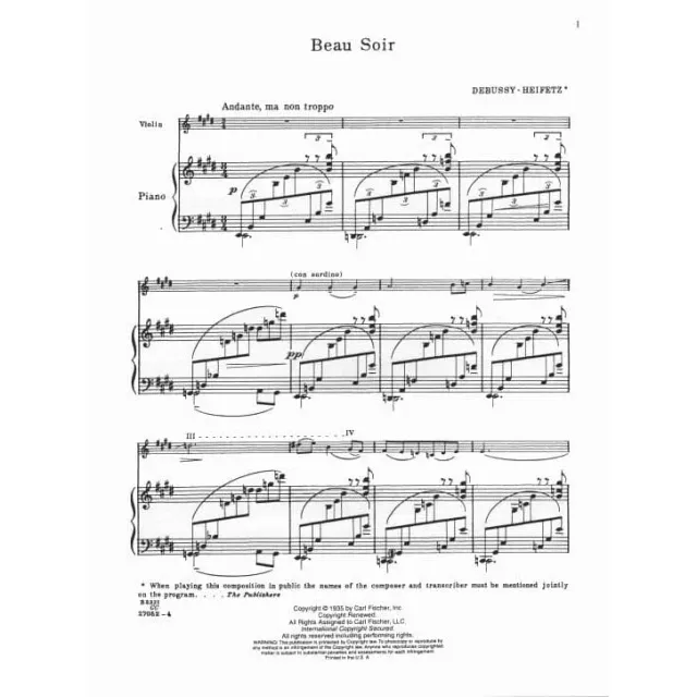 Fischer Debussy Beau Soir Noten Violine Klavier Heifetz
