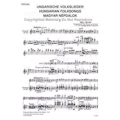 Bartók Hungarian Folk Songs Geigennoten Violine-Klavier 2 Sätze