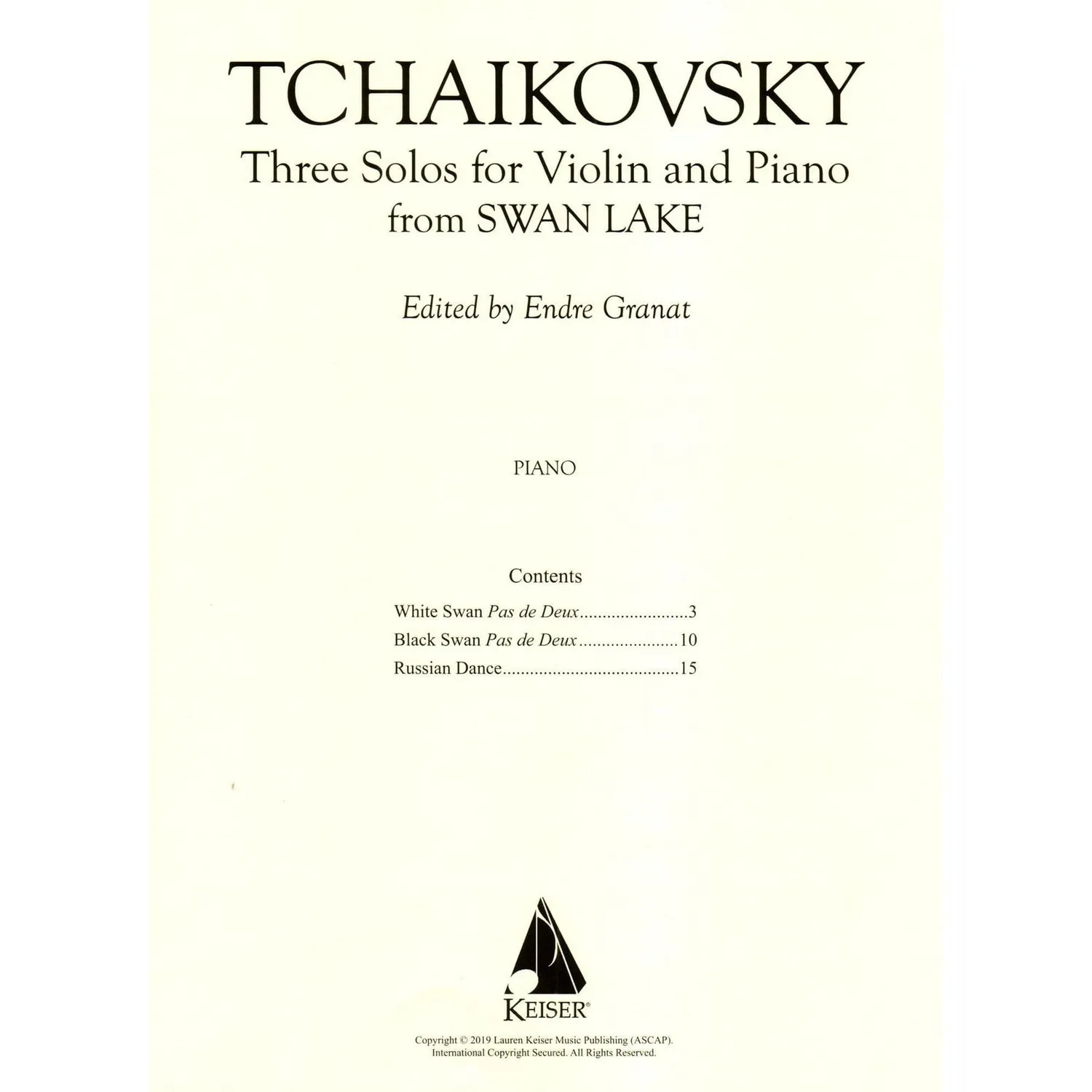 Keiser Tschaikowski Three Solos Swan Lake Noten Violine Klavier
