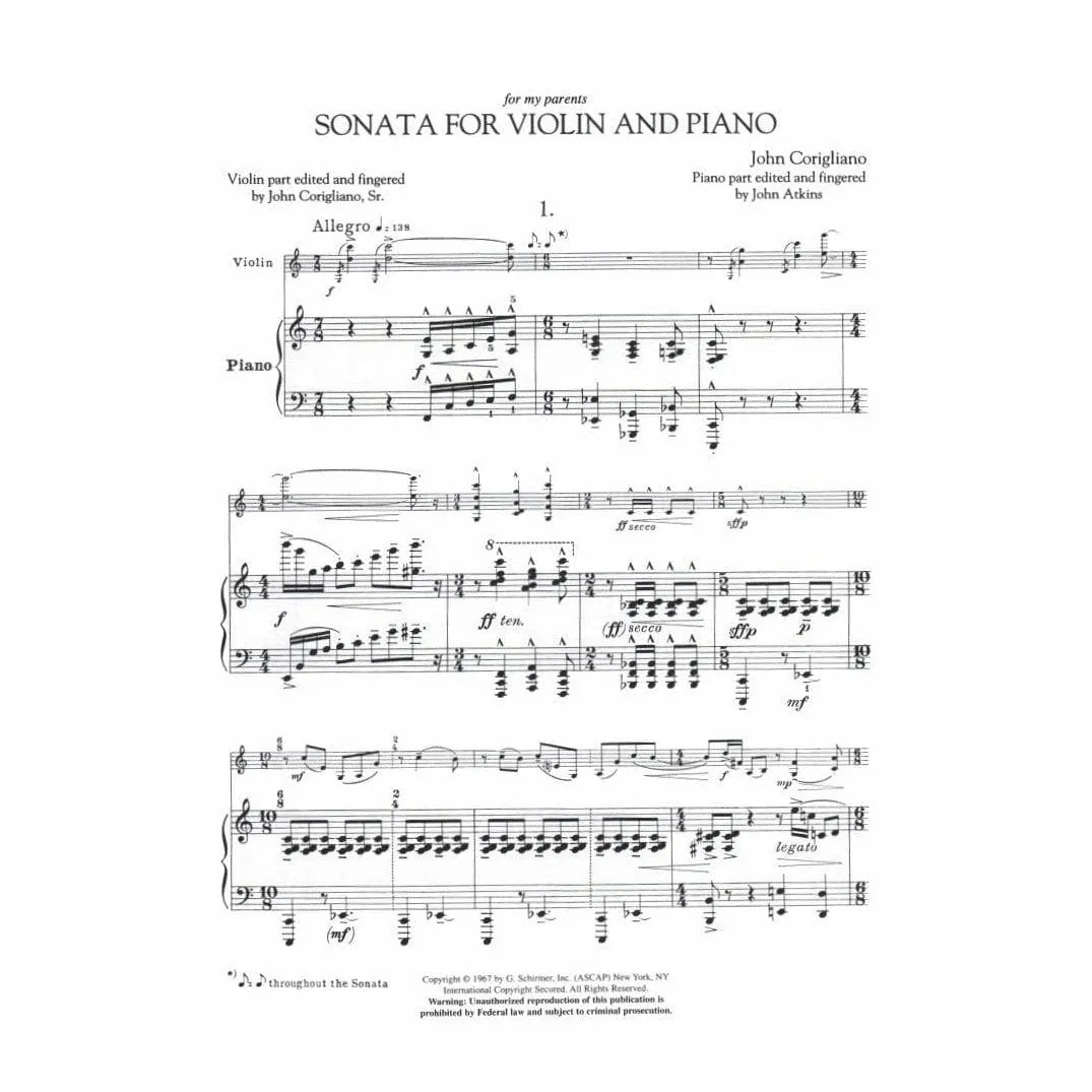 Shar Music Corigliano Sonate Violinnoten mit Klavier Sehr schwer