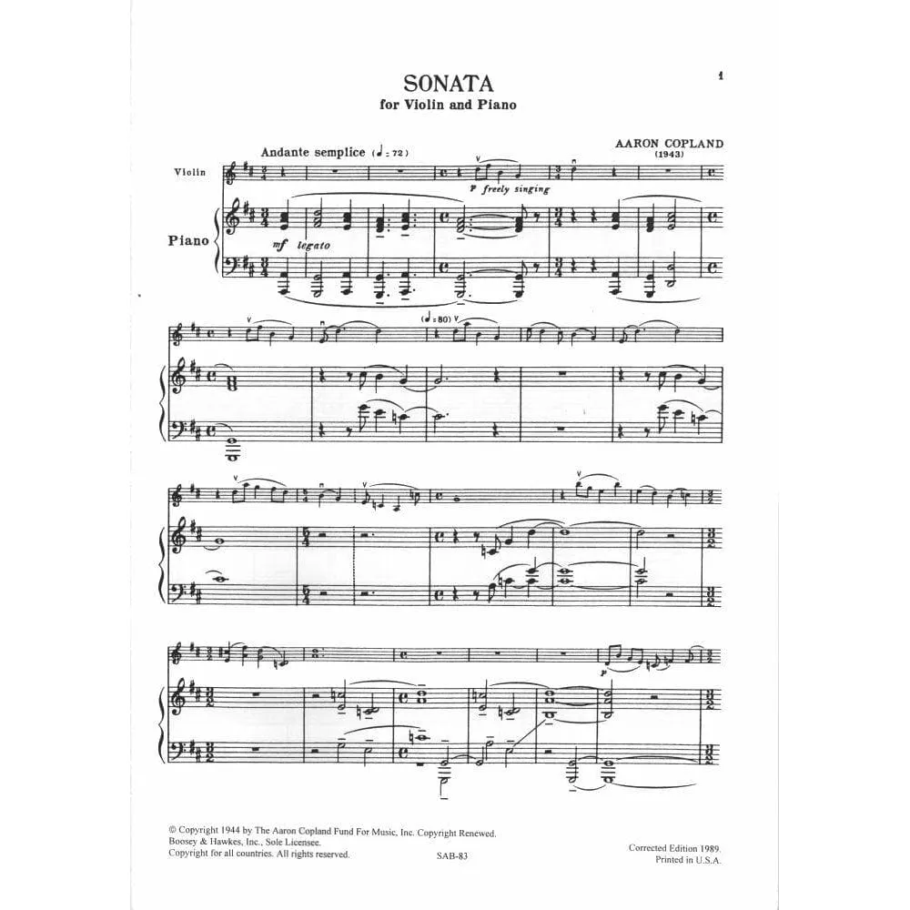 Boosey & Hawkes Copland Sonate Violinnoten Klavier