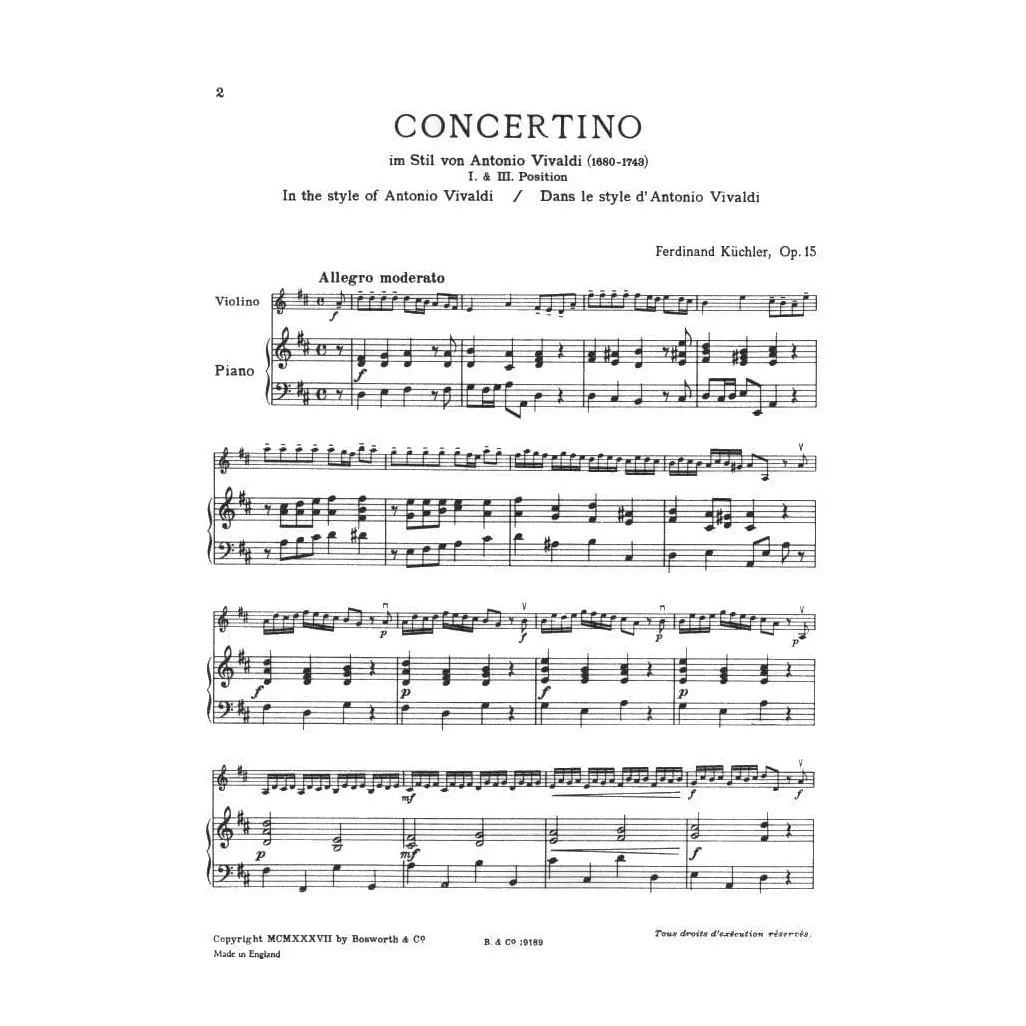 Bosworth Küchler Concertino D-Dur Op 15 Noten Violine Klavier