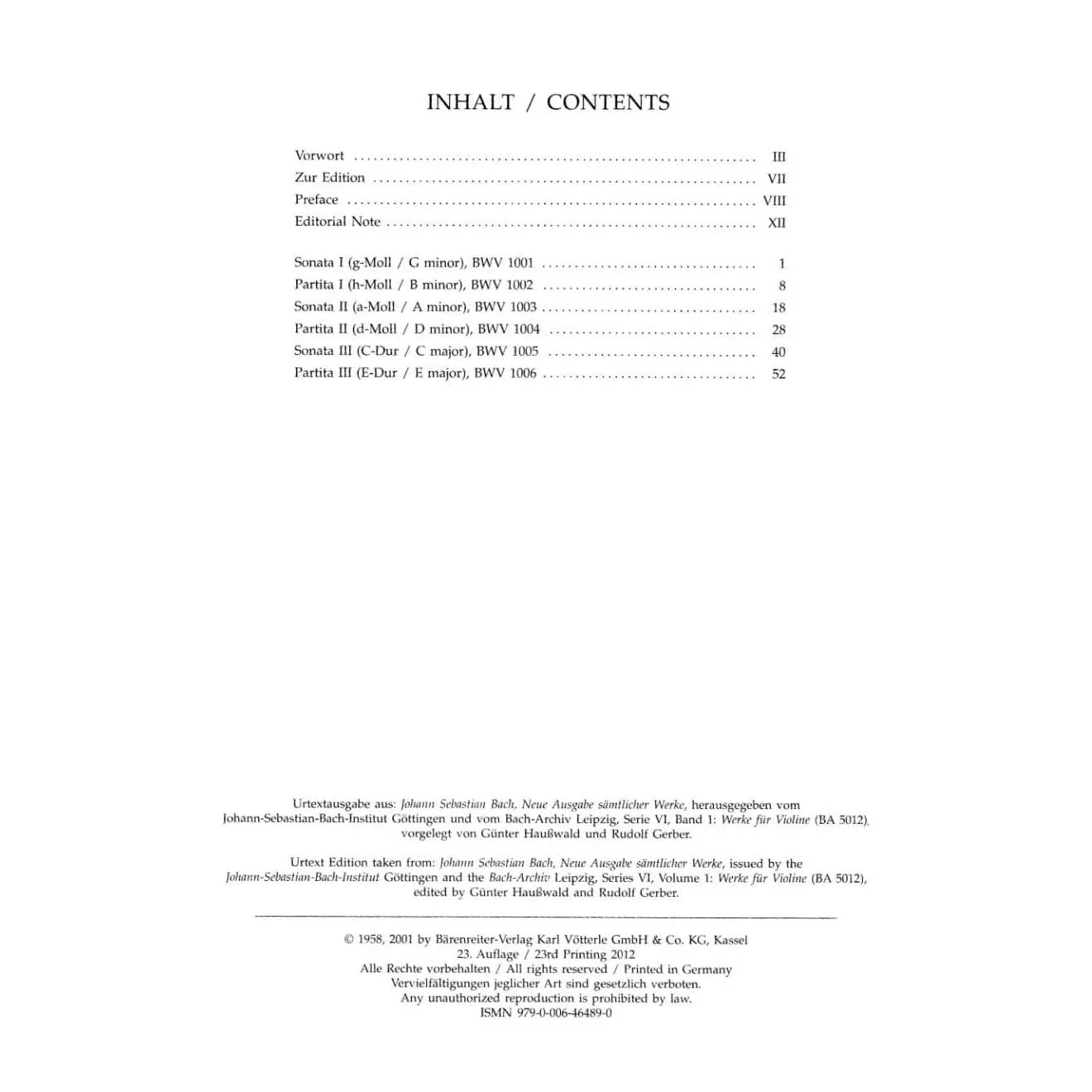 Bärenreiter Bach Sonaten Partiten BWV 1001-1006 Violine