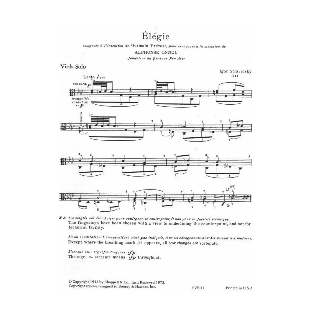 Boosey Strawinsky Elegie Viola Solo Noten Viola Violine