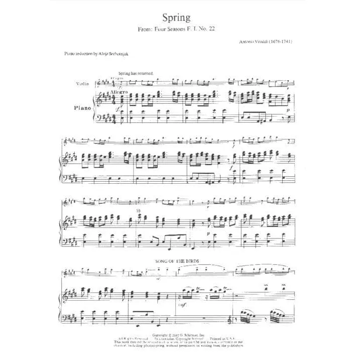 Schirmer Vivaldi Frühling RV 269 Noten Violine Klavier