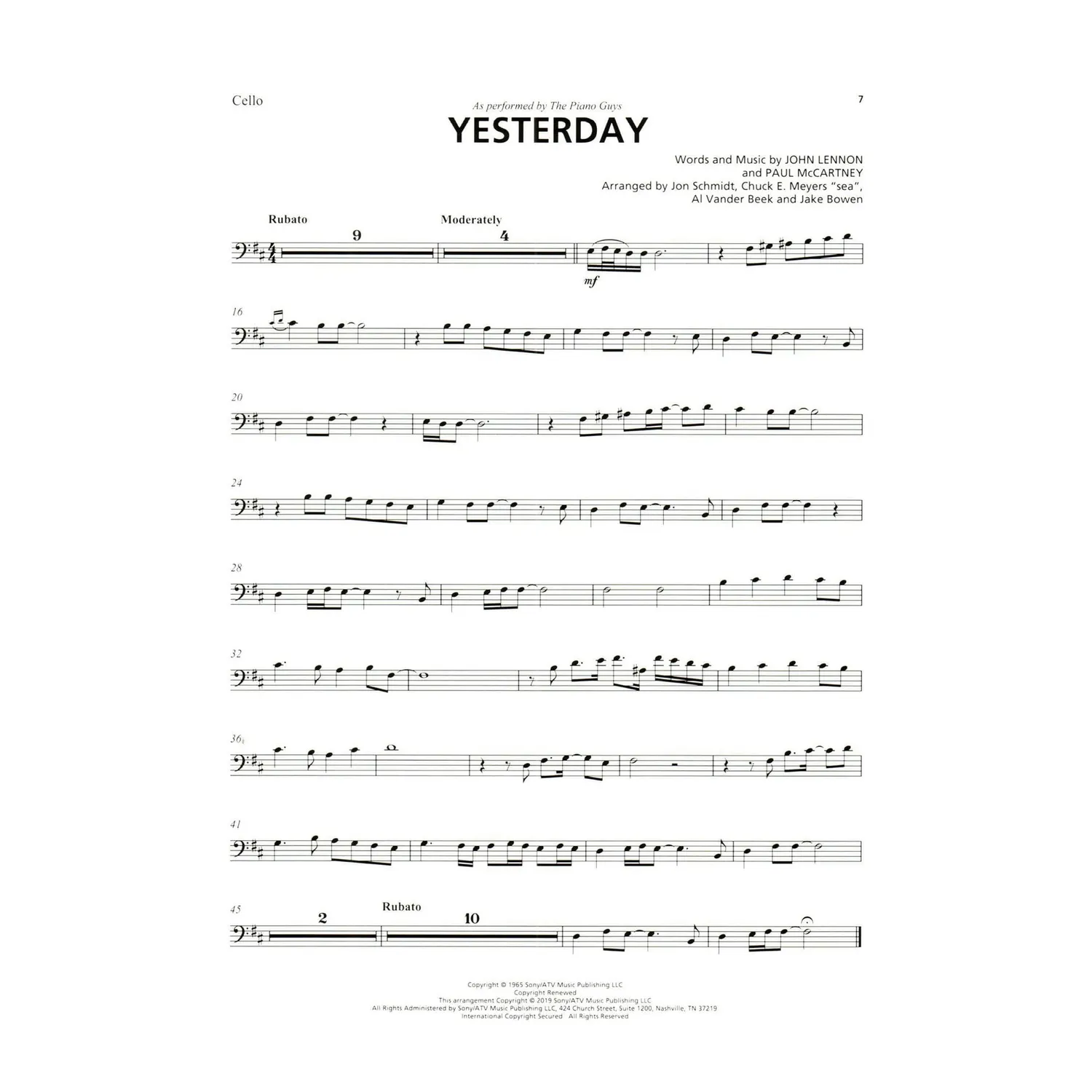 Hal Leonard Piano Guys Yesterday Cello-Noten Klavier