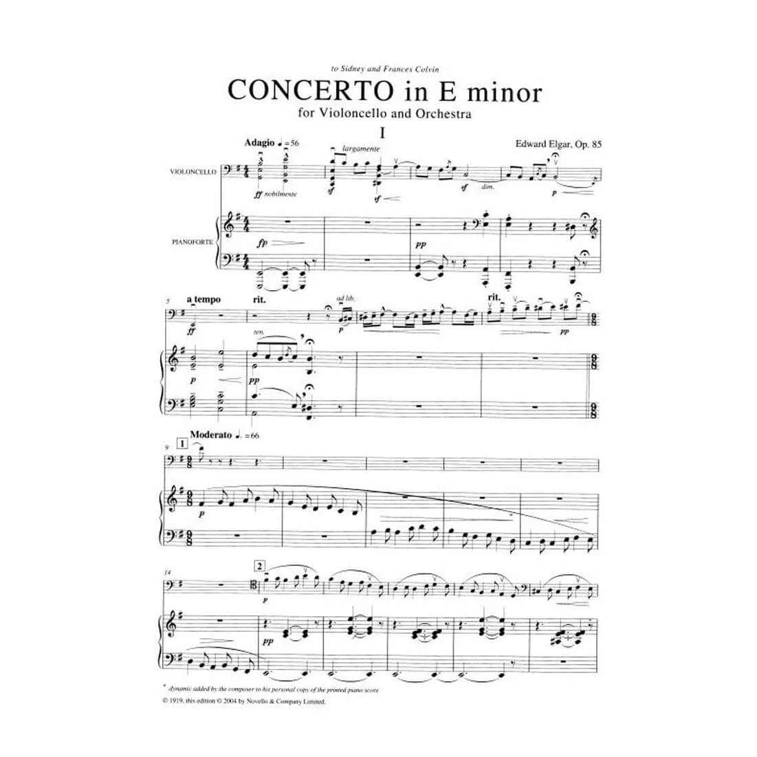 Novello Elgar Konzert e-moll Op 85 Cellonoten Cello Klavier