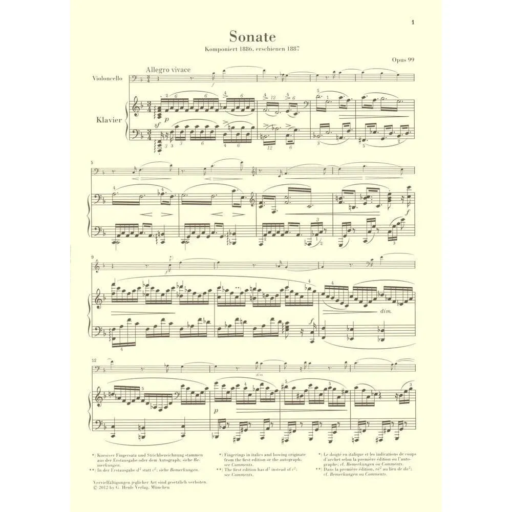 Shar Music Brahms Cello Sonata Nr. 2 F-Dur Op. 99 Cellonoten