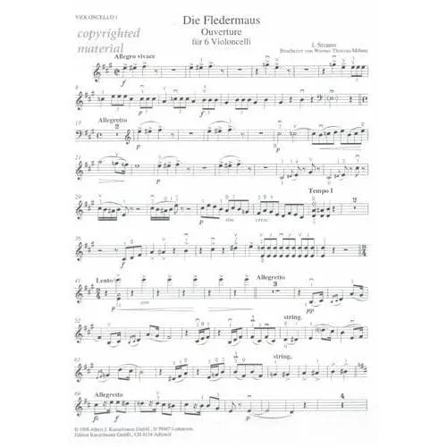 Shar Music Strauss Fledermaus Ouvertüre Noten 6 Celli Peters