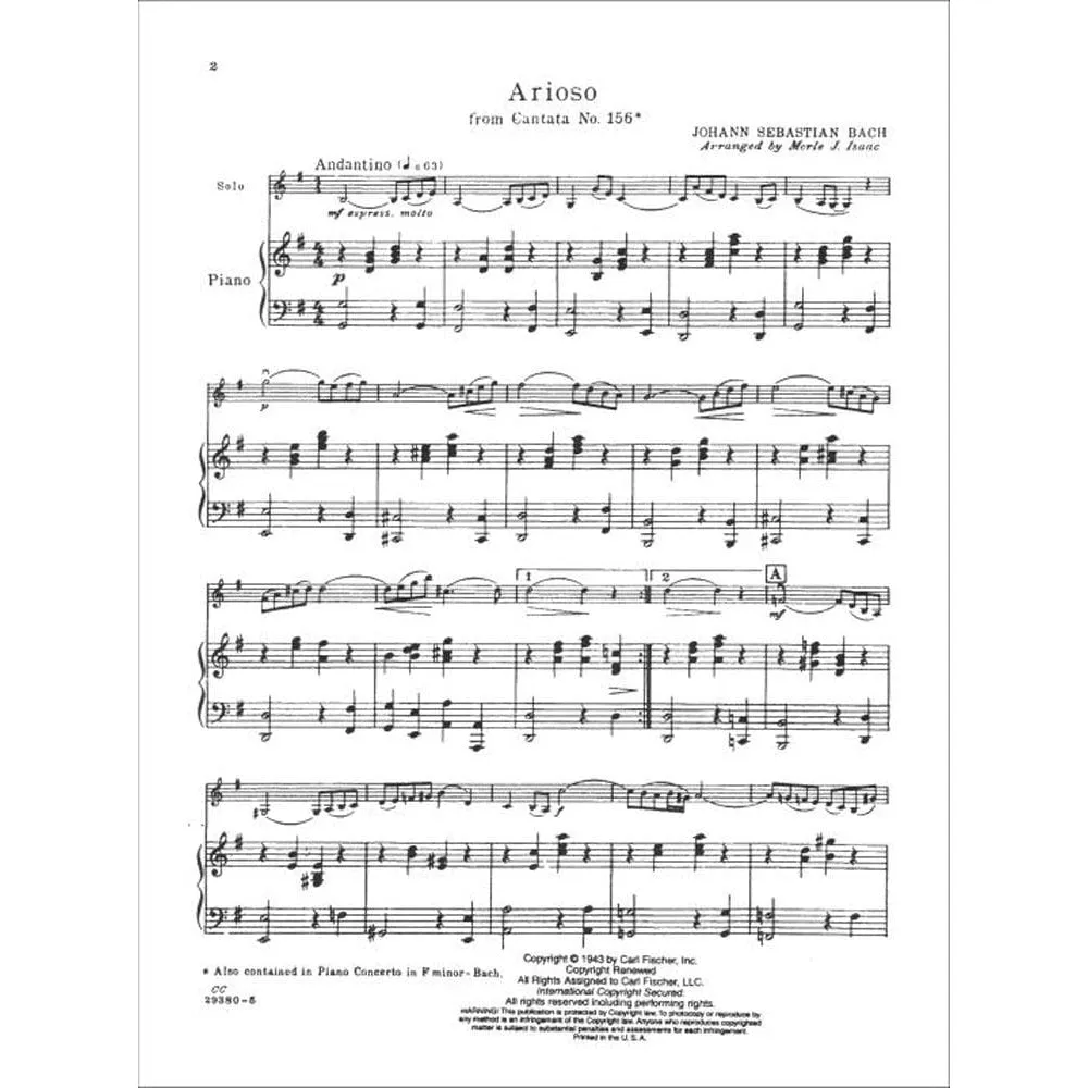 Fischer Bach Arioso BWV 156 Noten Cello Klavier