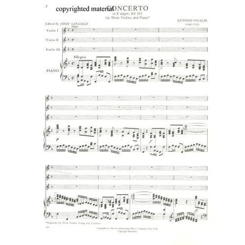 Vivaldi Konzert F-Dur RV 551 Noten 3 Violinen Klavier Gingold