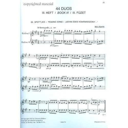 Boosey & Hawkes Bartok 44 Duette Vol.2 Nr.26-44 Noten Violinen