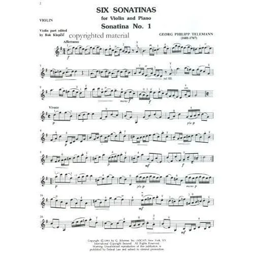 Schirmer Telemann Sechs Sonatinen TWV 41 Violinnoten Klavier