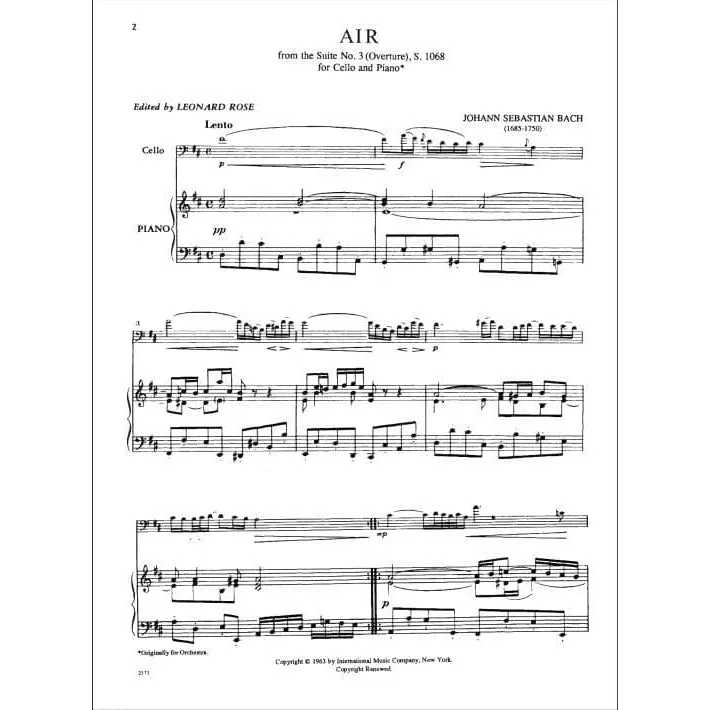 Shar Music Bach Air Suite Nr.3 Noten Cello Klavier D-Dur