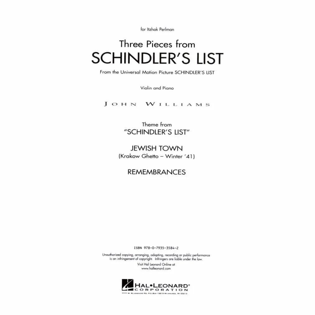 Hal Leonard Williams Schindlers List Violine Noten Klavier