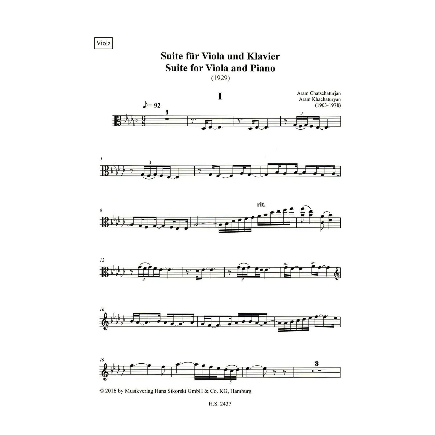 Khachaturyan Suite 1929 Noten Viola Klavier Sikorski