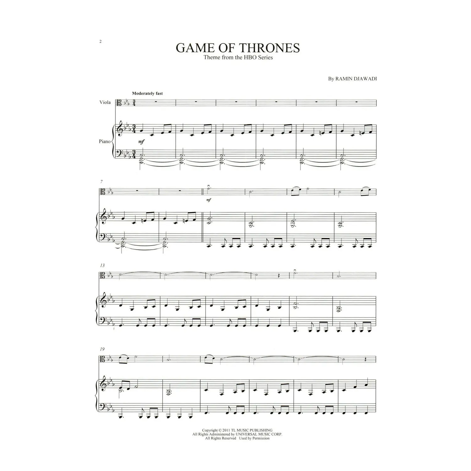 Hal Leonard Game of Thrones Theme Noten Viola Klavier Anfänger
