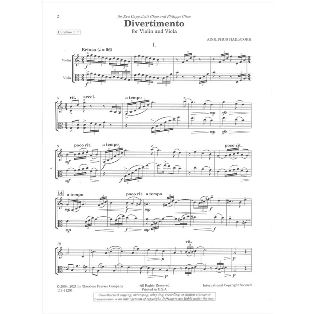 Presser Hailstork Divertimento Violin Viola Noten