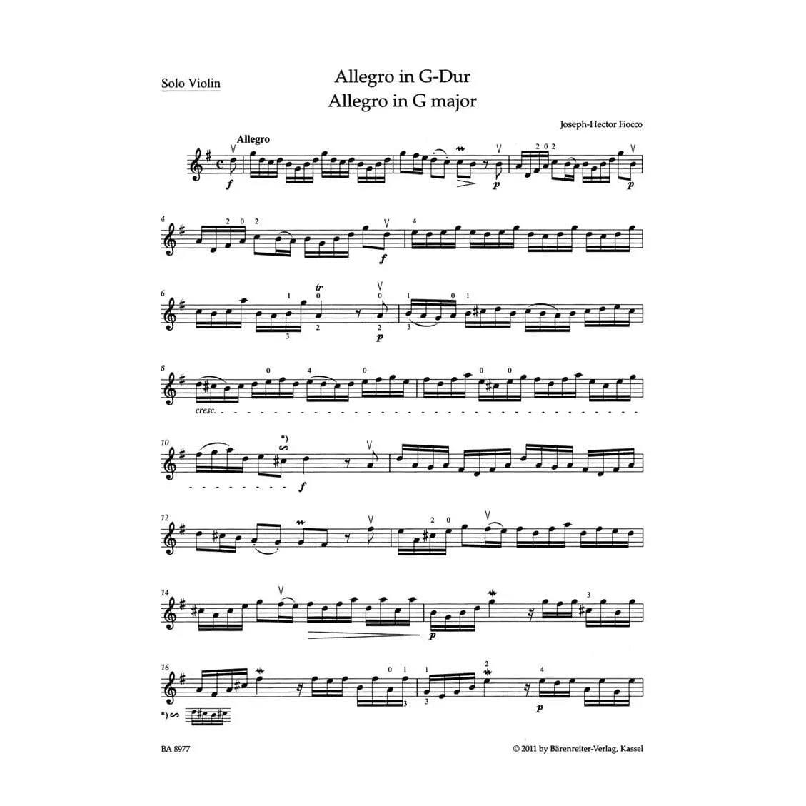 Bärenreiter Fiocco Allegro G-Dur Violinnoten