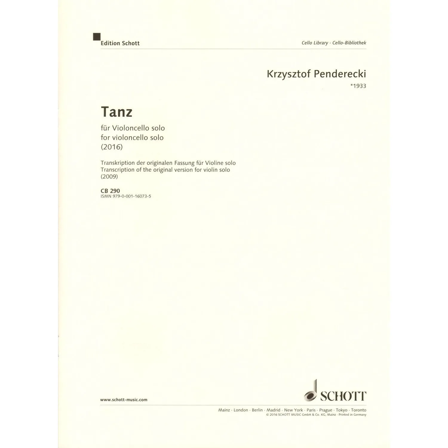 Penderecki Tanz Solo-Cello Noten Schott Transkription