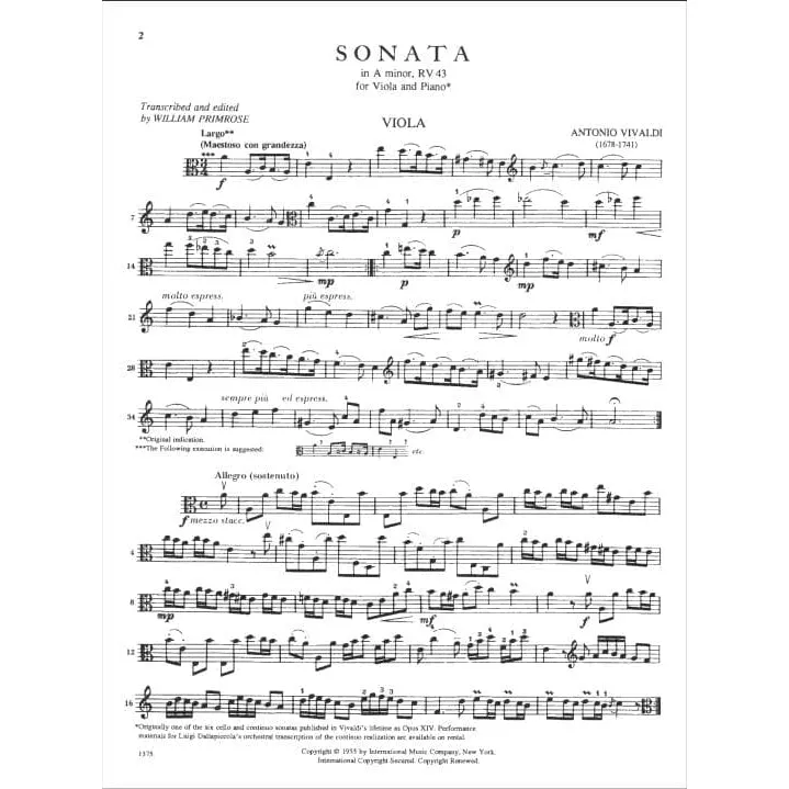 Vivaldi Sonata Nr.3 a-moll RV43 Bratschennoten Viola-Klavier Primrose