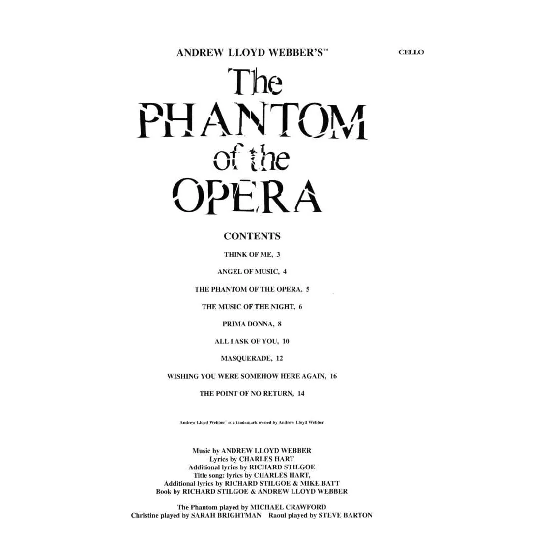 Phantom der Oper Cello Solo Hal Leonard Noten
