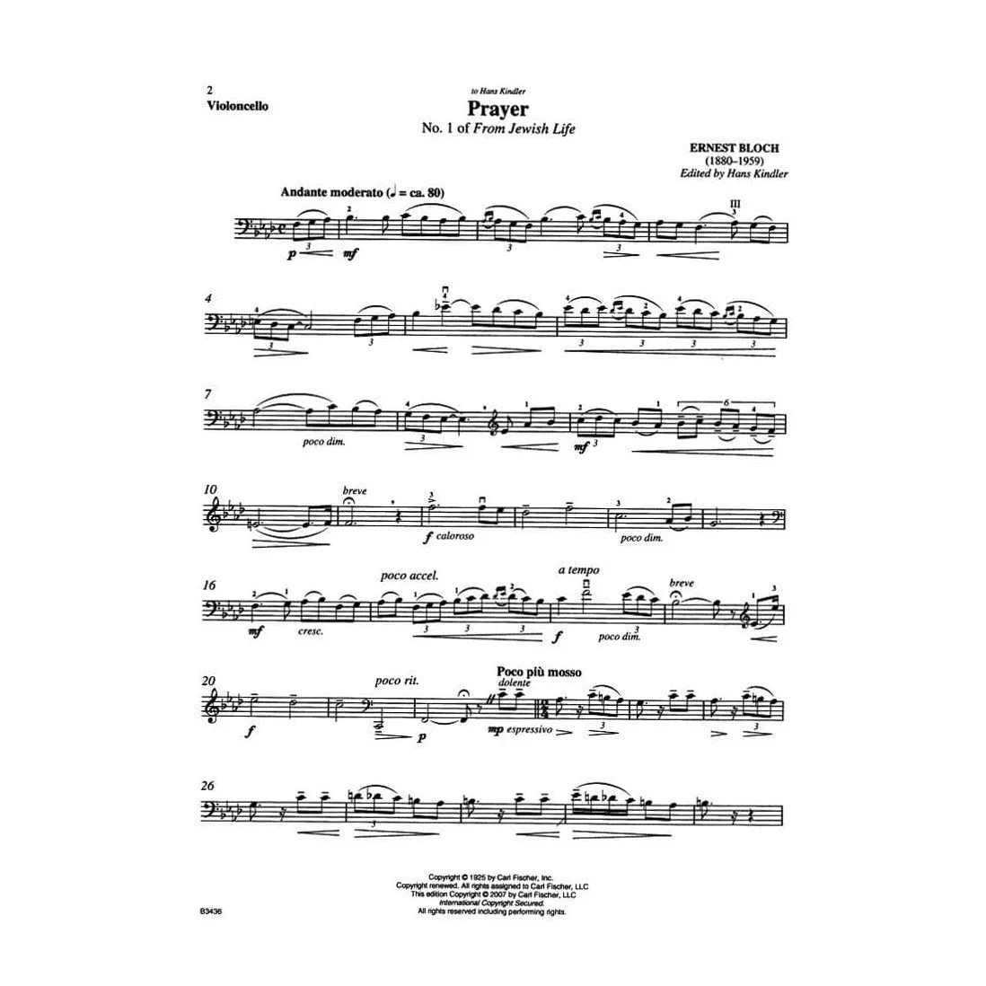 Shar Music Bloch Prayer Nr.1 Noten Cello Klavier Fischer