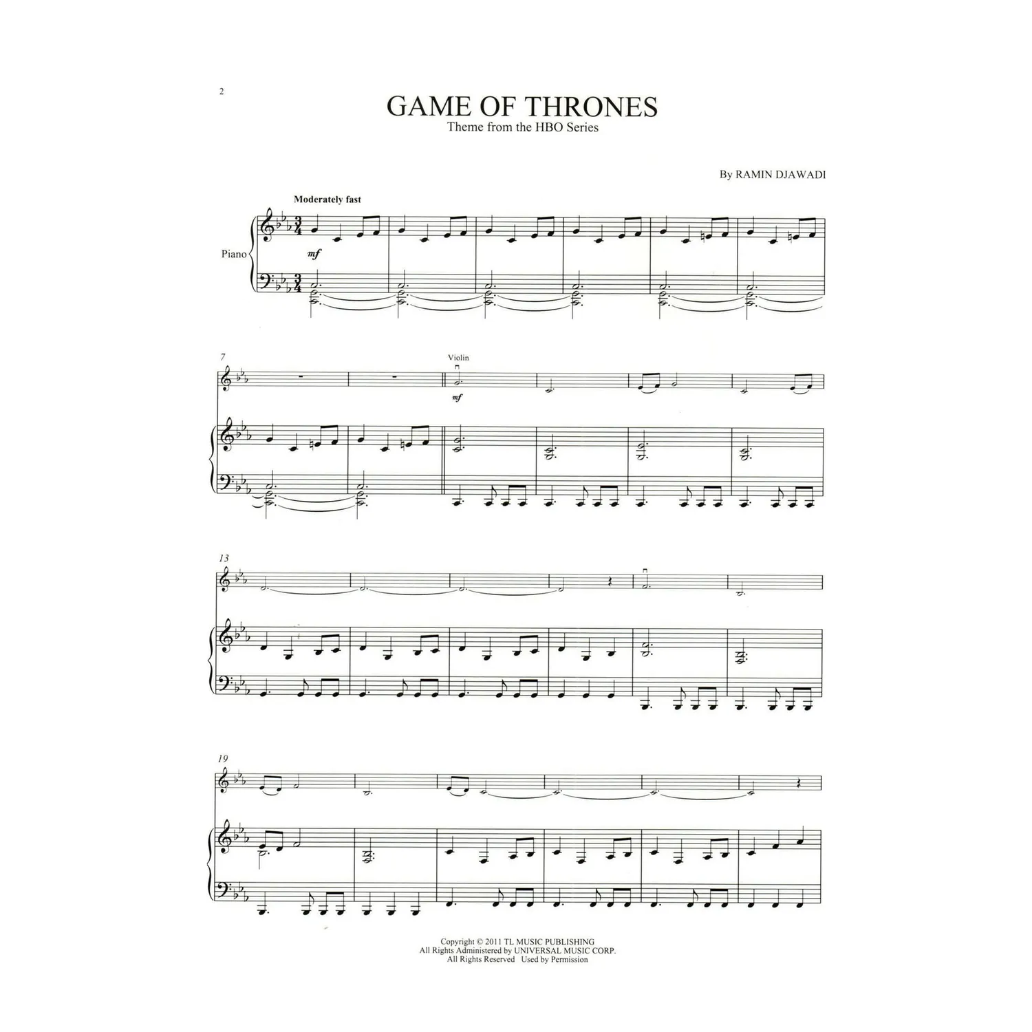 Game of Thrones Theme Violine Klavier Noten