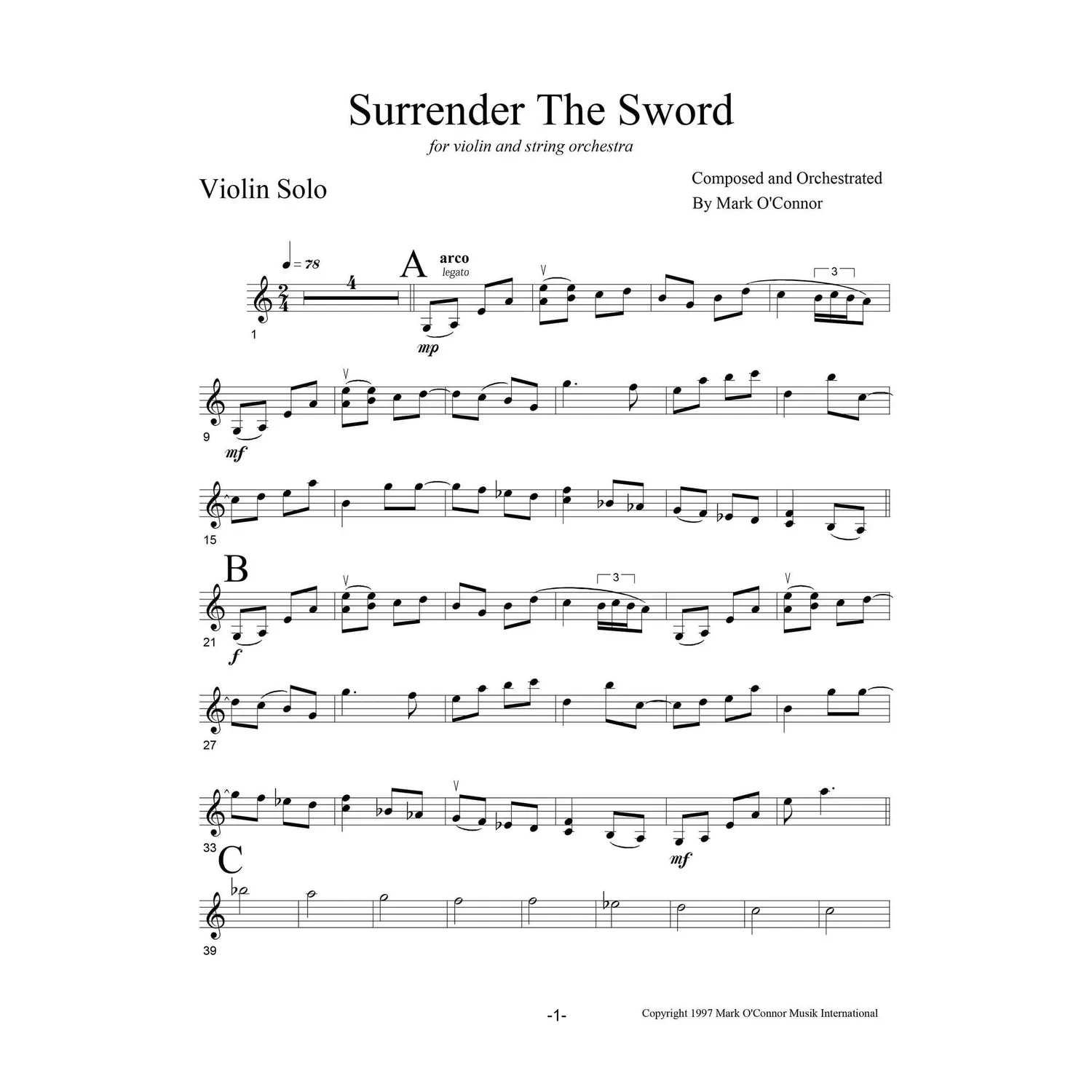 O'Connor Surrender the Sword Violine Solo Noten Download