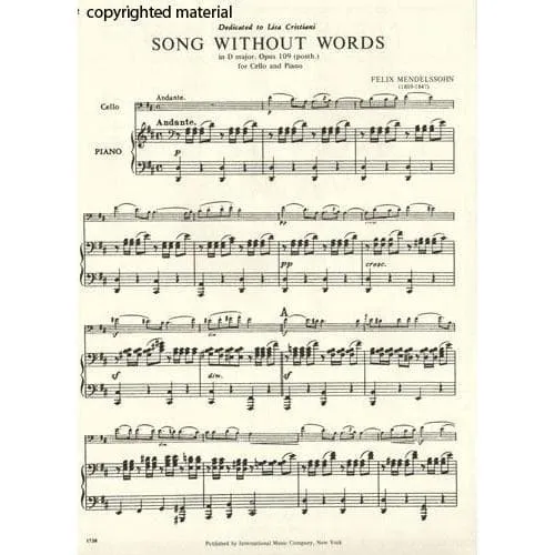 International Mendelssohn Lied ohne Worte D-Dur Op.109 Noten Cello Klavier