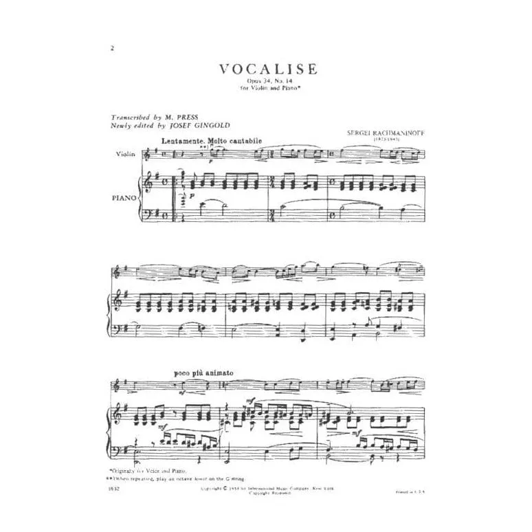 International Rachmaninoff Vocalise op.34 Nr.14 Noten Violine