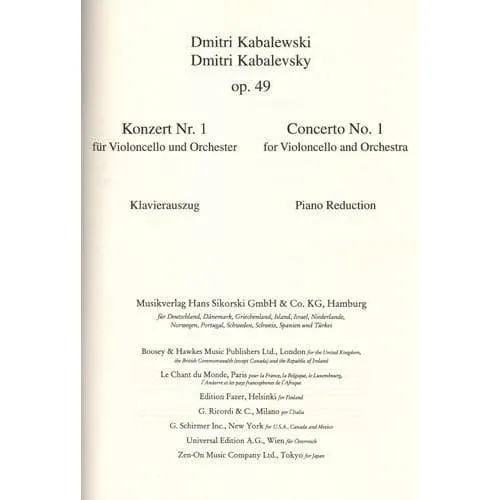 Sikorski Kabalevsky Konzert Nr.1 Op.49 Noten Cello Klavier
