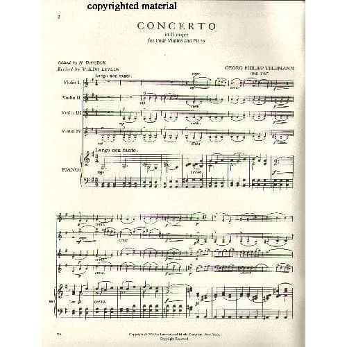 Shar Music Telemann Konzert G-Dur TWV 40:201 Noten 4 Violinen